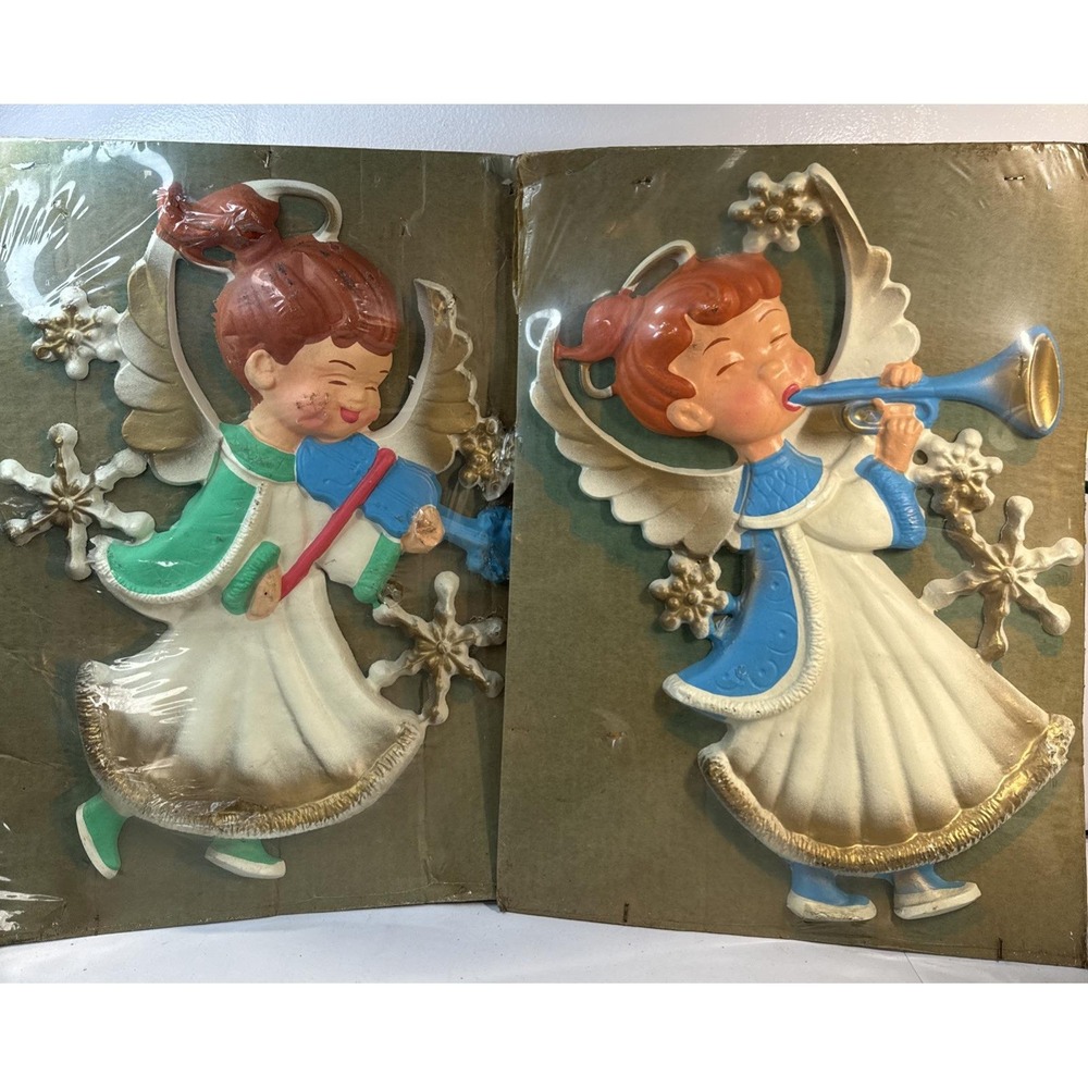 VTG RARE Christmas Molded Plastic Angels Wall Mount Plaques Lot 2 Large 21"‎